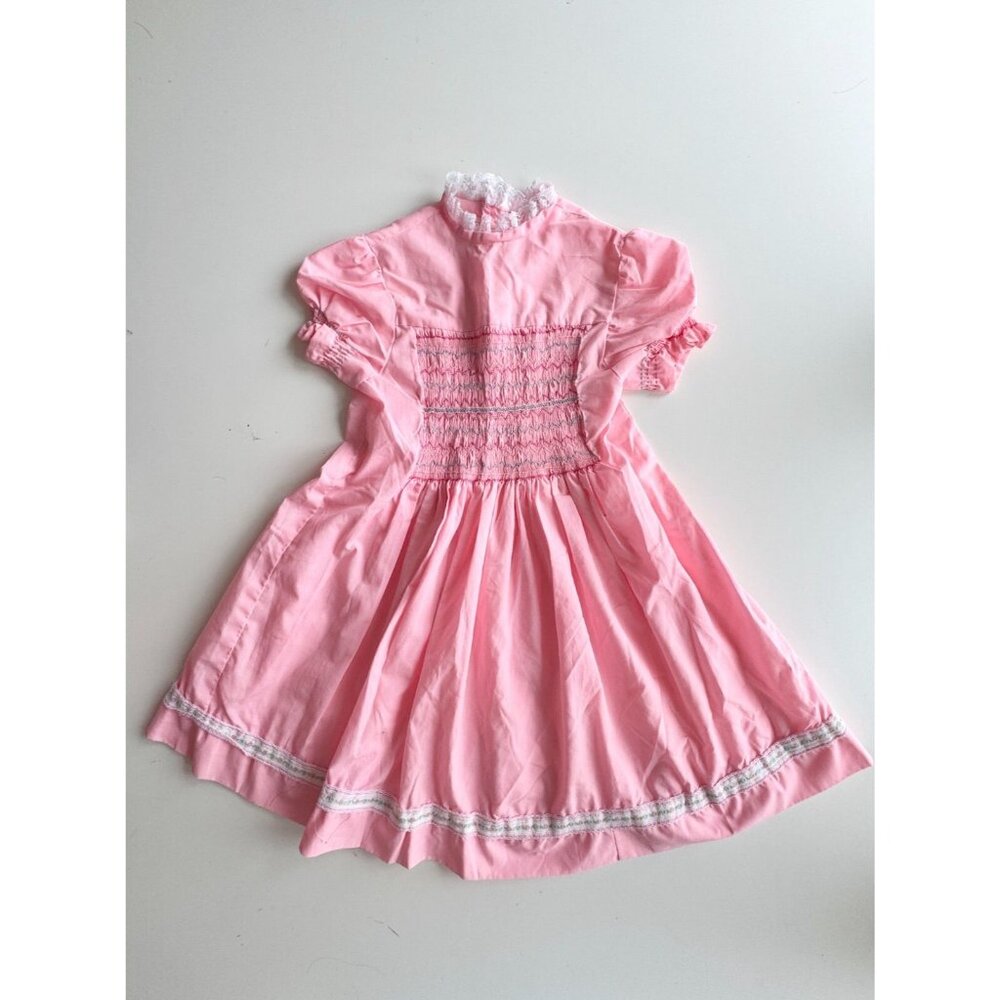 Handmade Girl's Pink Cotton Smocked Lace Trim Peasant Dress, Size 6-7Y